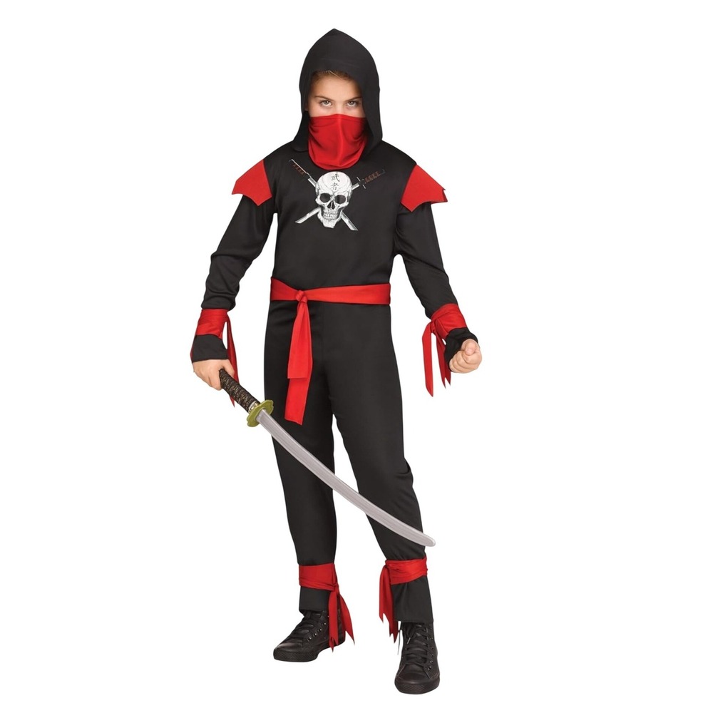 Fun World‎ Skull Ninja Child Costume Black Red Hooded Jumpsuit Large 12-14 NEW